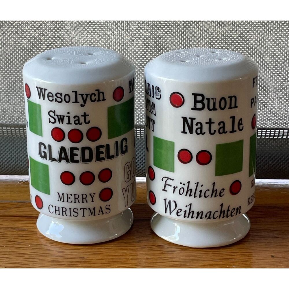 Vintage Japan Christmas Salt & Pepper Shakers Ceramic Multilingual Holiday Set